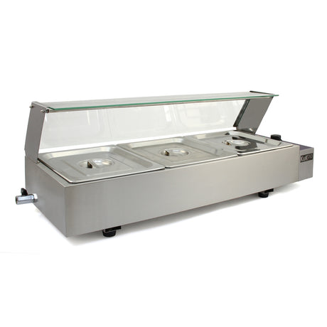 Elegante Edelstahl-Bain-Marie mit drei GN-Behältern, transparentem Deckel und stabilen Füßen, ideal für die Gastronomie und Buffet-Präsentationen