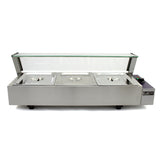 Eleganter Kukoo Gastro 3 GN Bain Marie aus Edelstahl mit drei Behältern, transparentem Glasdeckel und praktischer Bedienoberfläche für Gastronomiebedarf