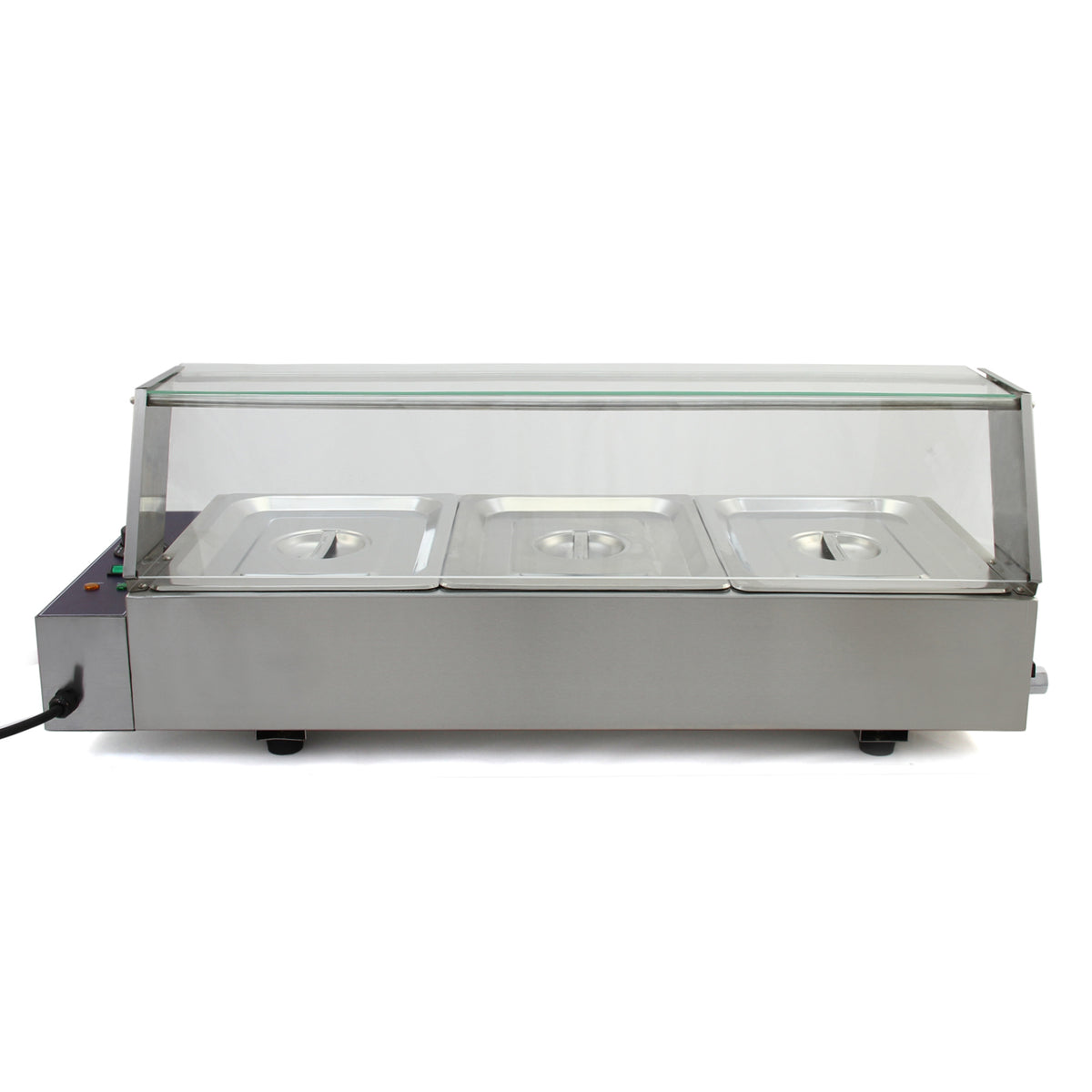 Elegante Edelstahl-Bain-Marie mit drei GN-Behältern, transparentem Glasdeckel und praktischen Bedienelementen für Gastronomiebedarf