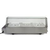 Elegante Edelstahl-Bain-Marie mit drei GN-Behältern, transparentem Glasdeckel und praktischen Bedienelementen für Gastronomiebedarf