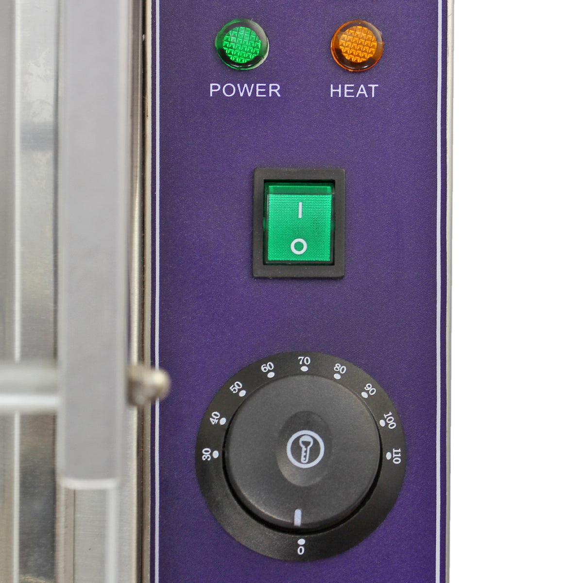 Kukoo Gastro 3 GN Bain Marie mit einem lila Bedienfeld, grüner Power-LED, orangefarbener Heiz-LED und einem schwarzen Temperaturregler mit Skala