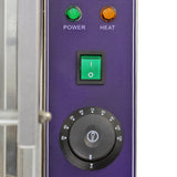 Kukoo Gastro 3 GN Bain Marie mit einem lila Bedienfeld, grüner Power-LED, orangefarbener Heiz-LED und einem schwarzen Temperaturregler mit Skala