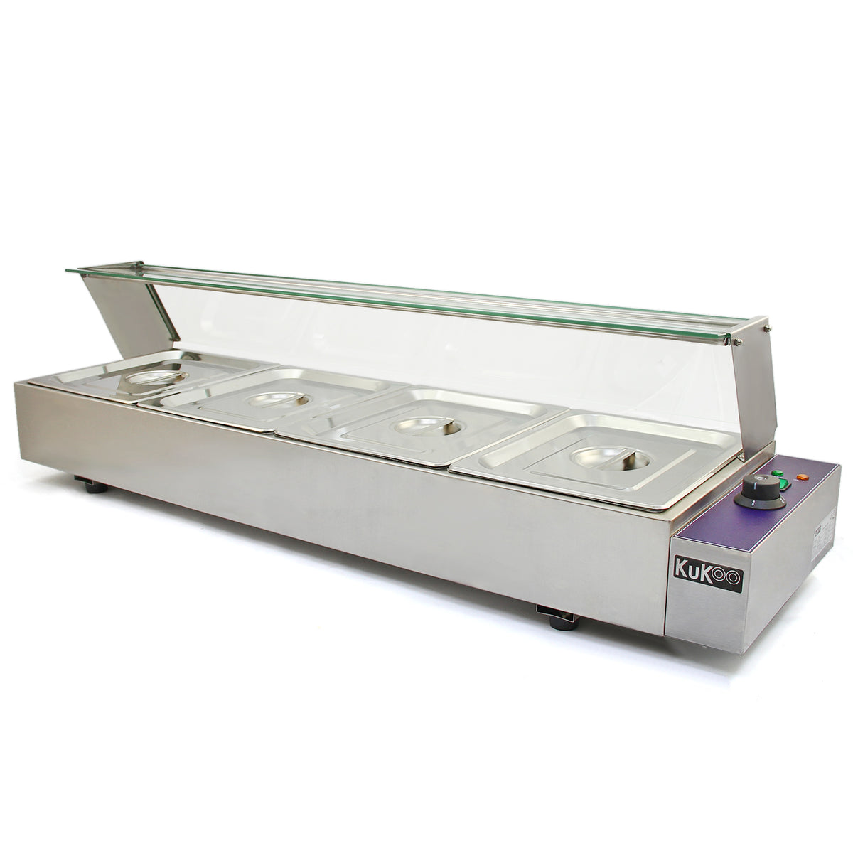 Kukoo Edelstahl Gastro Bain Marie mit vier GN-Behältern, glänzender Oberfläche, transparentem Deckel und präzisen Temperatureinstellungen
