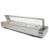 Kukoo Edelstahl Gastro Bain Marie mit vier GN-Behältern, glänzender Oberfläche, transparentem Deckel und präzisen Temperatureinstellungen
