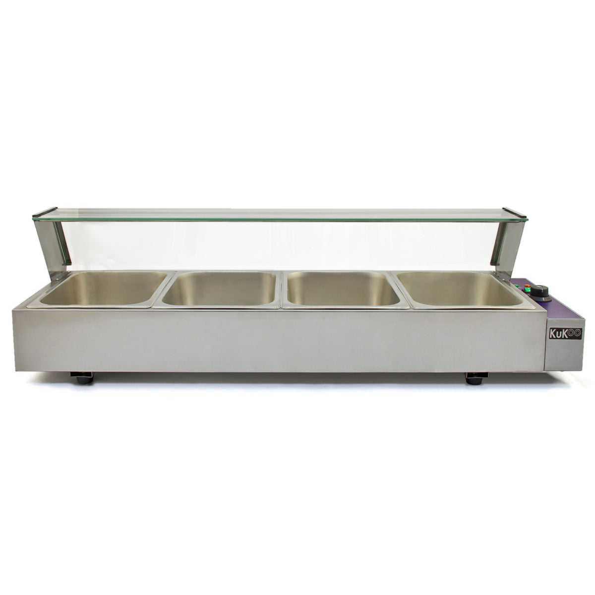 Kukoo Edelstahl Gastro Bain Marie mit vier GN-Behältern, glänzender Oberfläche, Glasabdeckung und praktischen Bedienelementen für Gastronomiebedarf