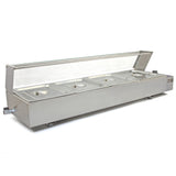 Kukoo Edelstahl Gastro Bain Marie mit vier GN-Behältern, glänzender Oberfläche, transparentem Deckel und stabiler Bauweise für Gastronomiebedarf