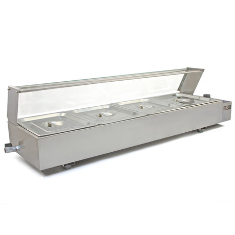 Kukoo Edelstahl Gastro Bain Marie mit vier GN-Behältern, glänzender Oberfläche, transparentem Deckel und stabiler Bauweise für Gastronomiebedarf