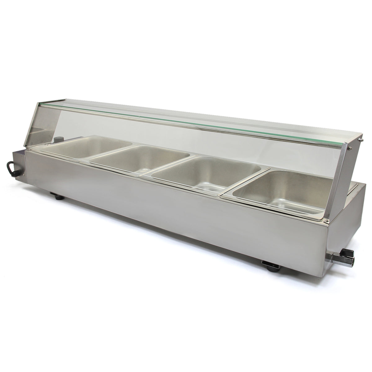Kukoo Edelstahl Gastro Bain Marie mit vier GN-Behältern, glänzender Oberfläche, transparentem Deckel und stabiler Bauweise für professionelle Küchen