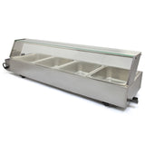 Kukoo Edelstahl Gastro Bain Marie mit vier GN-Behältern, glänzender Oberfläche, transparentem Deckel und stabiler Bauweise für professionelle Küchen