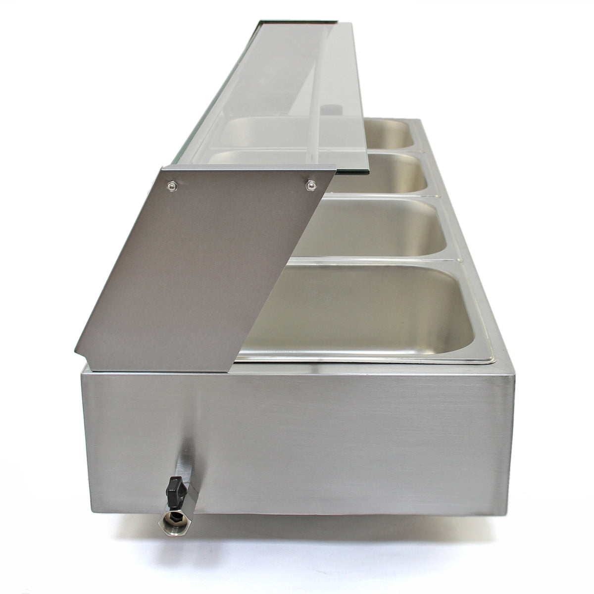 Kukoo Edelstahl Gastro 4 GN Bain Marie mit drei Edelstahlbehältern, transparentem Glasdeckel und Wasserhahn für einfache Bedienung und Reinigung