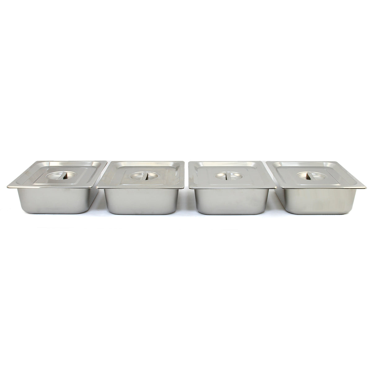 Kukoo Edelstahl Gastro 4 GN Bain Marie mit vier rechteckigen, glänzenden Behältern, ideal für die professionelle Gastronomie und Buffetpräsentation