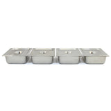 Kukoo Edelstahl Gastro 4 GN Bain Marie mit vier rechteckigen, glänzenden Behältern, ideal für die professionelle Gastronomie und Buffetpräsentation