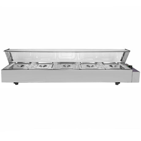 Kukoo Edelstahl Gastro 5 GN Bain Marie mit fünf runden Behältern, glänzender Oberfläche, transparentem Deckel und stabiler Bauweise für Gastronomiebedarf