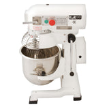 Die KuKoo Gastro Planetenrührmaschine mit 10L Edelstahlbehälter, weißem Gehäuse, robustem Design und vielseitigen Rühraufsätzen für professionelle Küchen