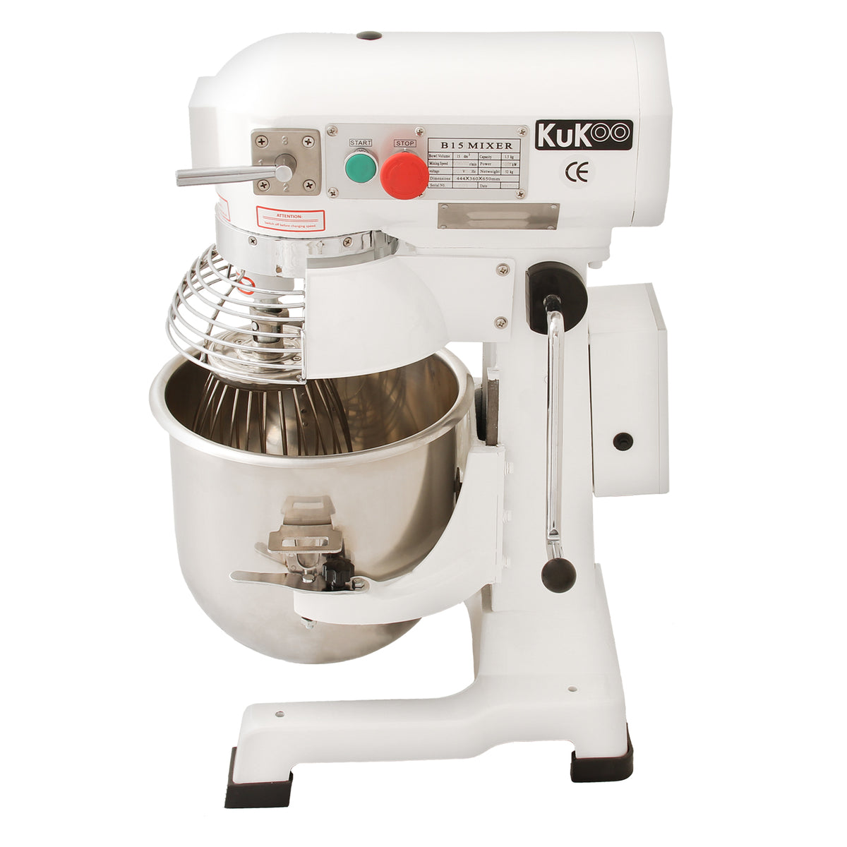 Küchenmaschine KuKoo Gastro in Weiß mit 15L Edelstahl-Schüssel, Schneebesen und Bedienfeld, ideal für professionelle Back- und Kochanwendungen