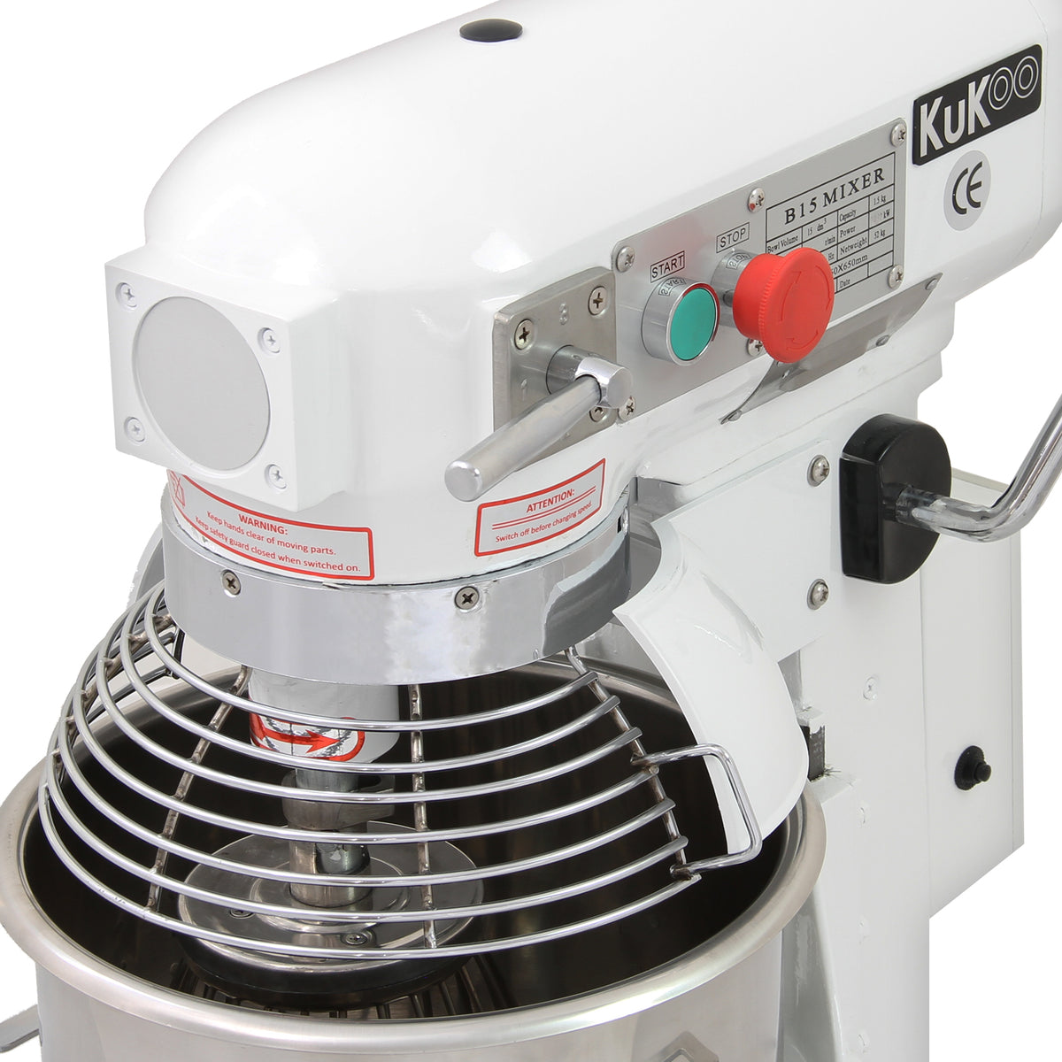 Die KuKoo Gastro Planetenrührmaschine in Weiß mit glänzendem Edelstahlbehälter und verchromtem Rührwerk, ideal für professionelle Küchen und Bäckereien
