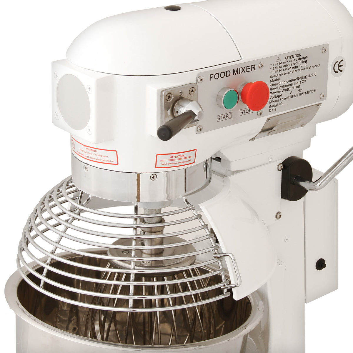 Robuste KuKoo Gastro Planetenrührmaschine in Weiß mit 20L Edelstahl-Schüssel, glänzendem Rührwerk und intuitiven Bedienelementen für professionelle Küchen