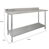 Kukoo Gastronomie Arbeitstisch aus Edelstahl mit Doppelregal, 180 cm lang, 90 cm hoch, 60 cm tief, glänzende Oberfläche und stabile Beine