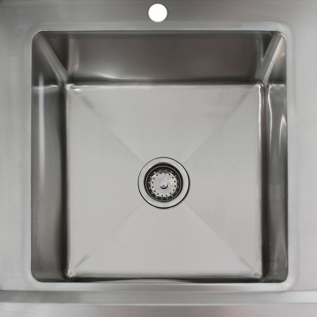 Rechteckiges Edelstahlspülbecken mit glänzender Oberfläche, quadratischer Form und zentralem Abfluss, ideal für Gastronomie und Küchenbedarf
