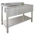 Edelstahl Gastrospüle mit einem linken Becken, glänzende Oberfläche, robuste Konstruktion, praktische Ablagefläche darunter, ideal für gewerbliche Küchen