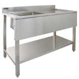 Edelstahl Gastrospüle mit einem linken Becken, glänzende Oberfläche, robuste Konstruktion, praktische Ablagefläche darunter, ideal für gewerbliche Küchen