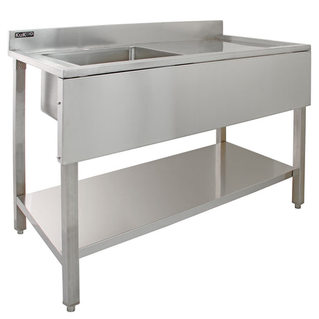 Edelstahl Gastrospüle mit einem linken Becken, glänzende Oberfläche, robuste Konstruktion, praktische Ablagefläche darunter, ideal für gewerbliche Küchen
