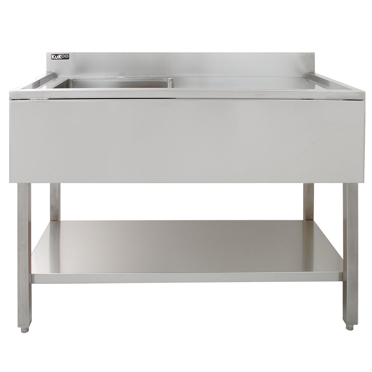Edelstahl Gastrospüle mit rechter Abtropffläche, robustes Design, glänzende Oberfläche, praktische Geschirrbrause, ideal für Gastronomie und Küchenprofis
