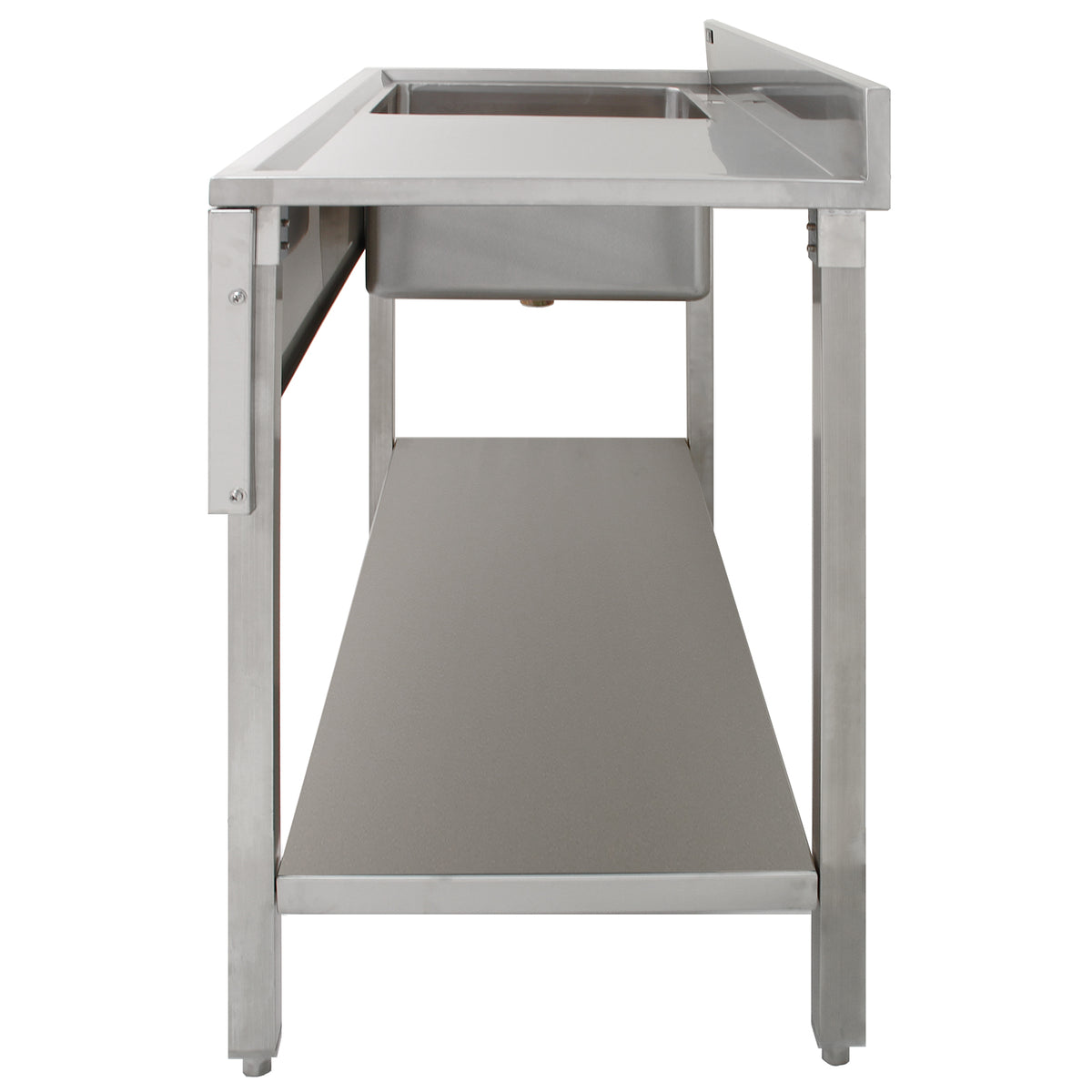 Edelstahl Gastrospüle mit einem linken Becken, robustes Design, glatte Oberfläche, praktische Ablagefläche darunter, ideal für professionelle Küchen