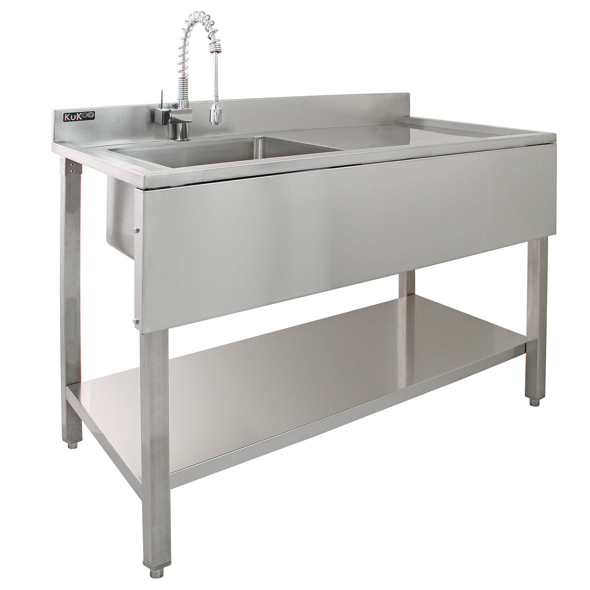Edelstahl Gastrospüle mit einem linken Becken, glänzender Oberfläche, hoher Wasserhahn und unterer Ablagefläche für Küchenbedarf