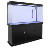Schwarzes 300-Liter-Aquarium mit klarem Glas, beleuchtet von oben, auf einem stabilen Unterschrank mit zwei Türen für einfachen Zugang