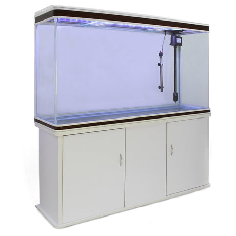 300L Aquarium Komplettset in Weiß mit eleganter Unterschrank, klarer Glasoberfläche und LED-Beleuchtung für lebendige Unterwasserwelt