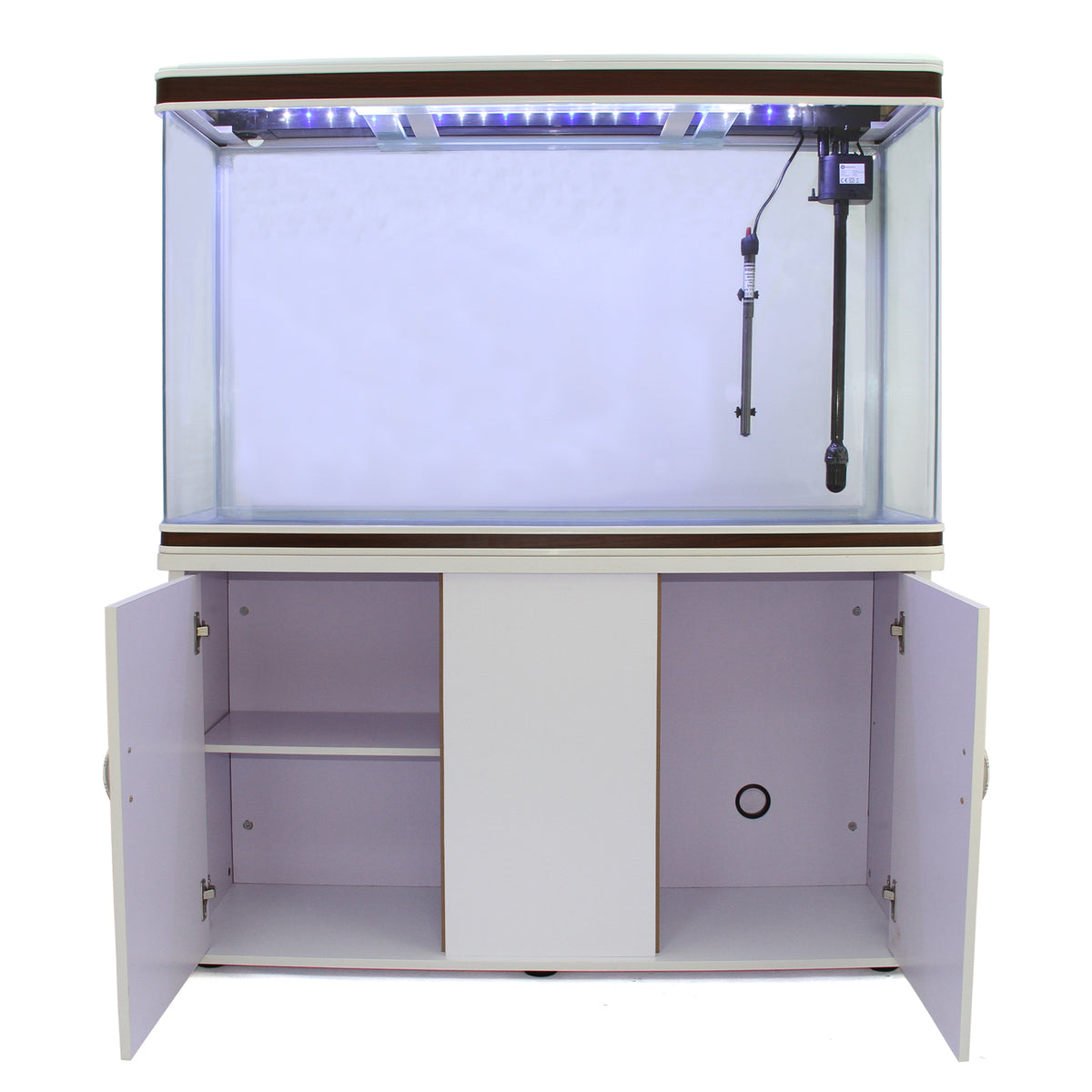 300L Aquarium Komplettset in Weiß mit Unterschrank, transparentem Glas, LED-Beleuchtung und zwei offenen Türen für Stauraum