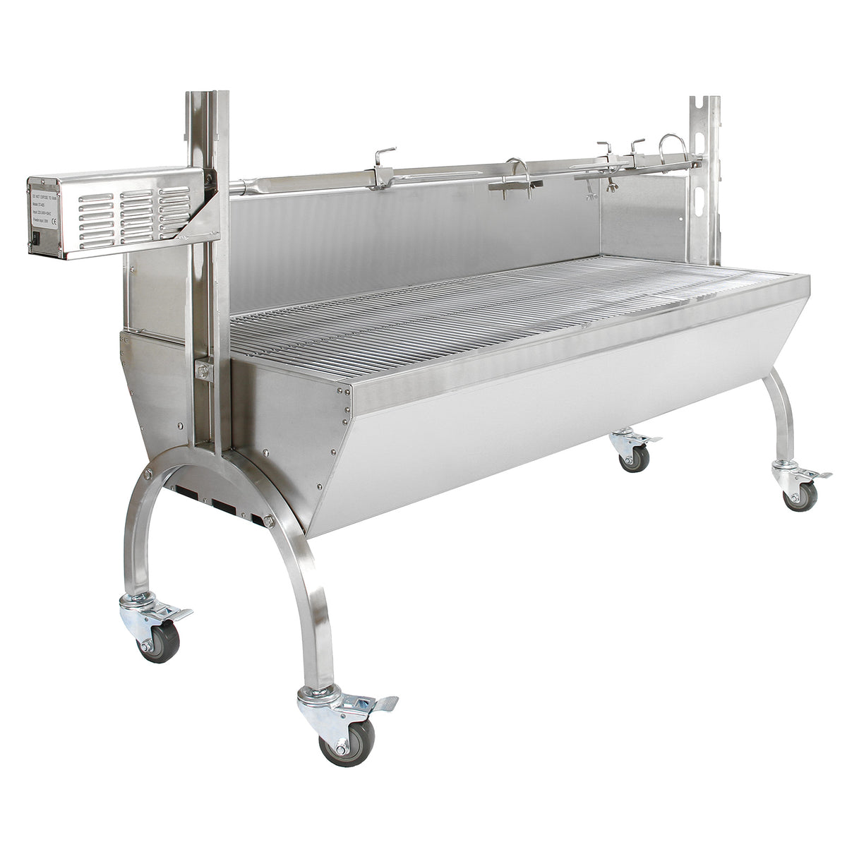 Robuster KuKoo Grillwagen aus Edelstahl mit 90 kg Kapazität, glänzender Oberfläche, stabilen Rollen und einem dreieckigen Grillaufsatz für vielseitiges Grillen
