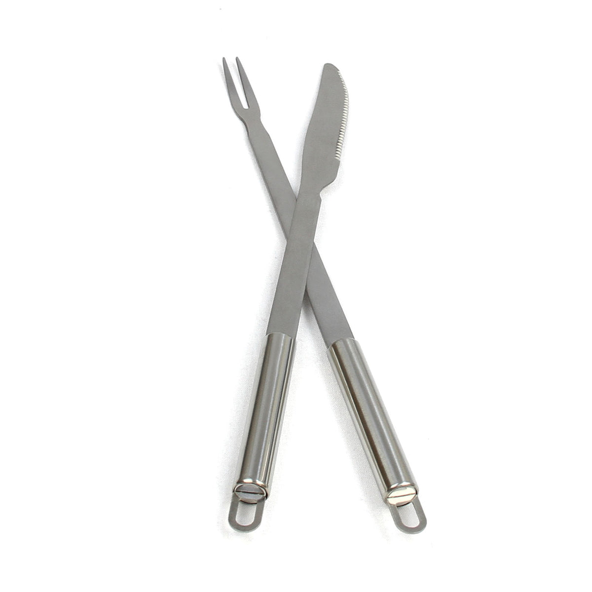 Edelstahl Grillbesteck mit einer Gabel und einem Messer, beide mit robusten, ergonomischen Griffen, ideal für den KuKoo Grillwagen