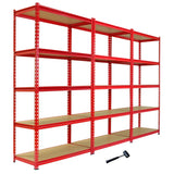 Drei rote Z-Rax Lagerregale mit neun stabilen Regalböden und einem Gummihammer, ideal für die Organisation von Werkzeugen und Materialien