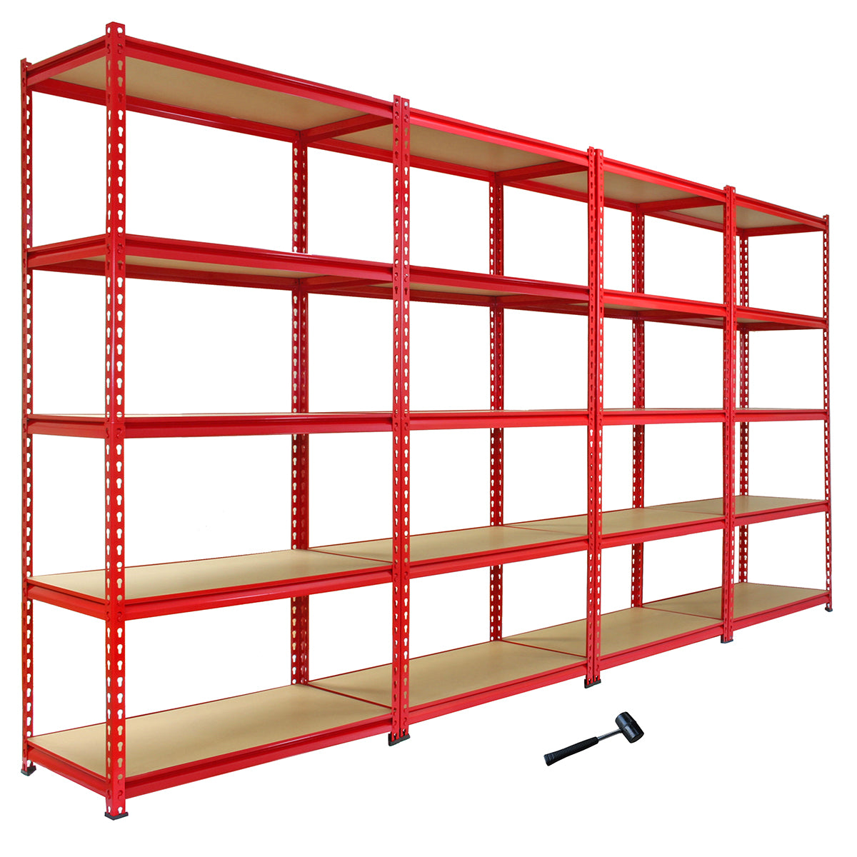 Vier rote Z-Rax Lagerregale mit 90 cm Breite, stabiler Metallrahmen, Holzregalböden und einem kostenlosen Gummihammer zur einfachen Montage
