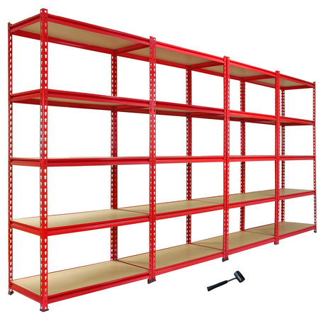 Vier rote Z-Rax Lagerregale mit 90 cm Breite, stabiler Metallrahmen, Holzregalböden und einem kostenlosen Gummihammer zur einfachen Montage