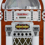 Retro 50er Jahre Jukebox mit glänzendem Chrom, Holzoptik, bunten Tasten, LCD-Display und Lautstärkeregler für nostalgischen Musikgenuss