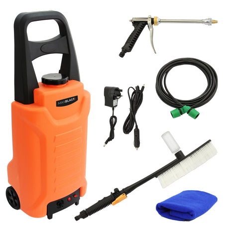 MAXBLAST 30 Liter Wassertank in leuchtendem Orange mit Rädern, ausgestattet mit Spritzpistole, Schlauch, Bürste und Reinigungstuch für effizientes Fensterputzen