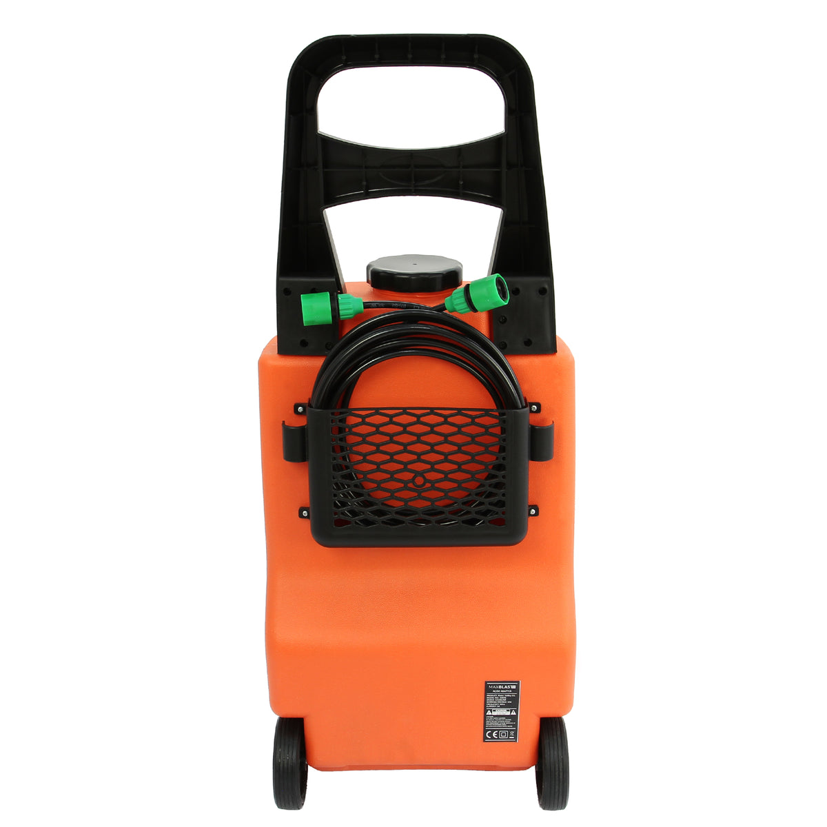 Robuster, orange Wassertank auf Rädern mit Griff, Schlauchhalter und grünem Schlauchanschluss, ideal für Fensterputzen und mobile Anwendungen