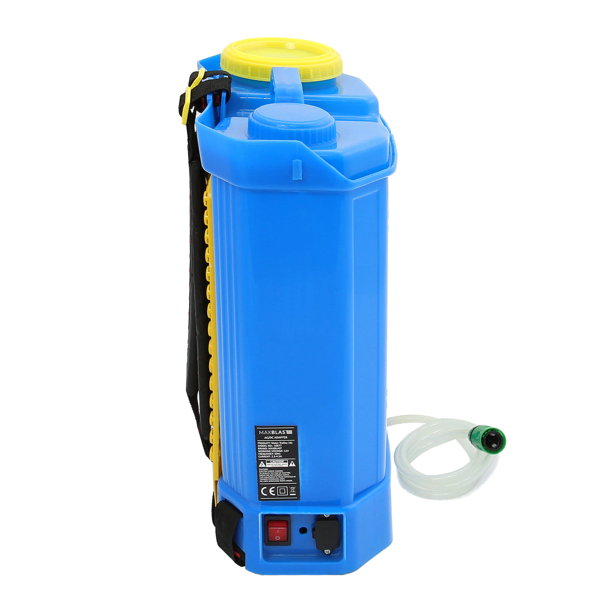Tragbares Fensterreinigungsset in leuchtendem Blau mit gelbem Deckel, 16L Tank, ergonomischem Griff und Schlauch für einfache Handhabung und Reinigung