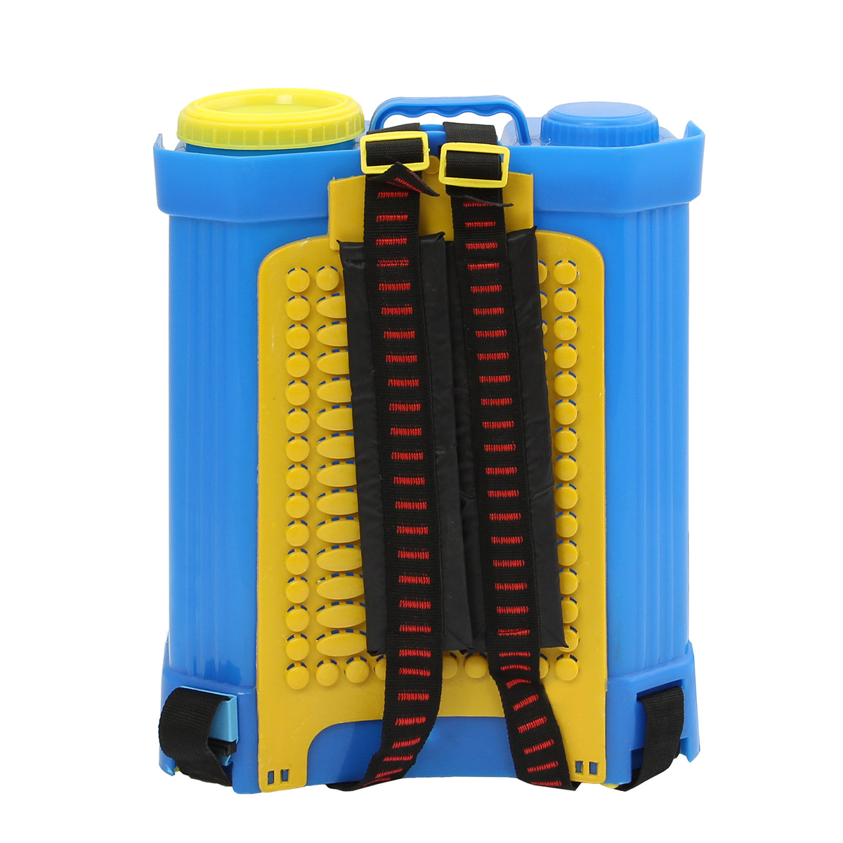 Blauer Fensterreinigungs-Rucksack mit gelben Deckeln, ergonomischen Schultergurten und strukturiertem Griff, ideal für effizientes Fensterputzen