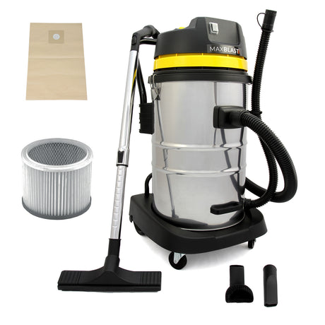 Robuster Maxblast Industriesauger mit 50 Litern, 1400W, glänzendem Edelstahl, flexibler Schlauch, Zubehör und Filter für effizientes Saugen