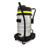 Maxblast 50 Liter Industriesauger in Edelstahloptik mit gelben Akzenten, flexibler Schlauch, robustem Design und praktischen Rollen für einfache Mobilität