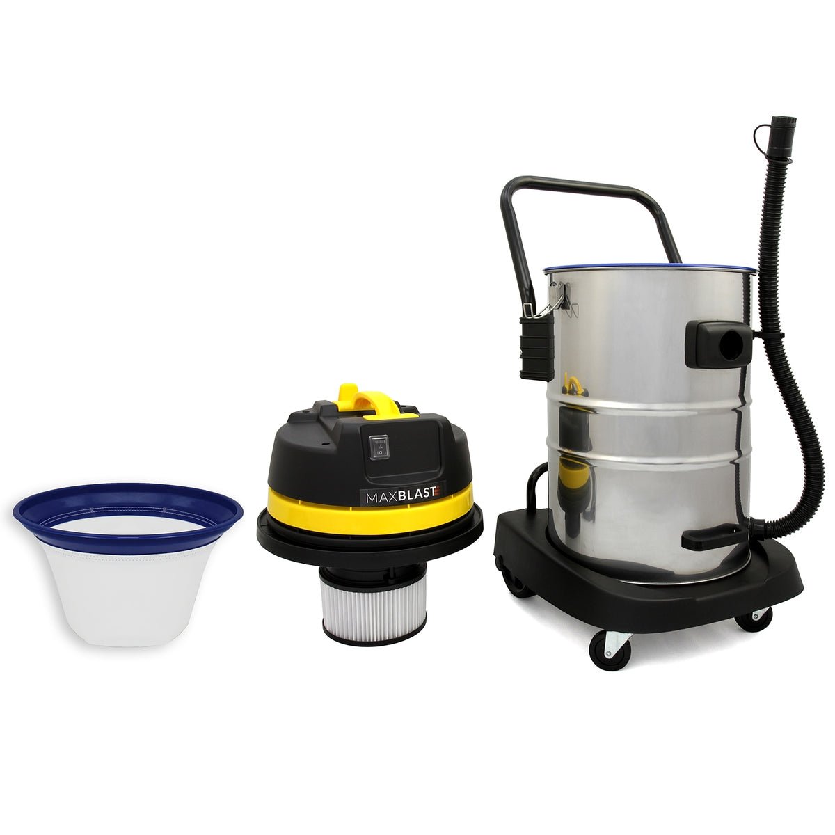 Maxblast 50 Liter Industriesauger in Edelstahl mit gelbem Motor, schwarzem Schlauch und transparentem Behälter für effektive Reinigung und Staubabsaugung