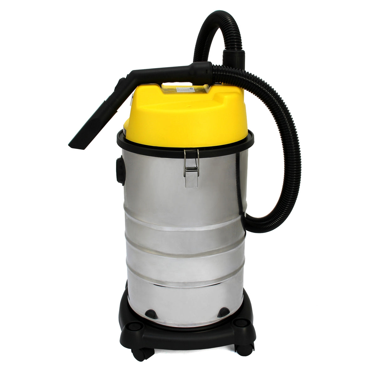 Robuster 30 Liter Industriesauger in glänzendem Edelstahl mit gelbem Deckel, flexibler Schlauch und stabilen Rollen für einfache Mobilität