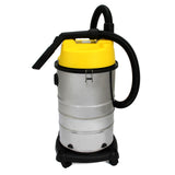 Robuster 30 Liter Industriesauger in glänzendem Edelstahl mit gelbem Deckel, flexibler Schlauch und stabilen Rollen für einfache Mobilität