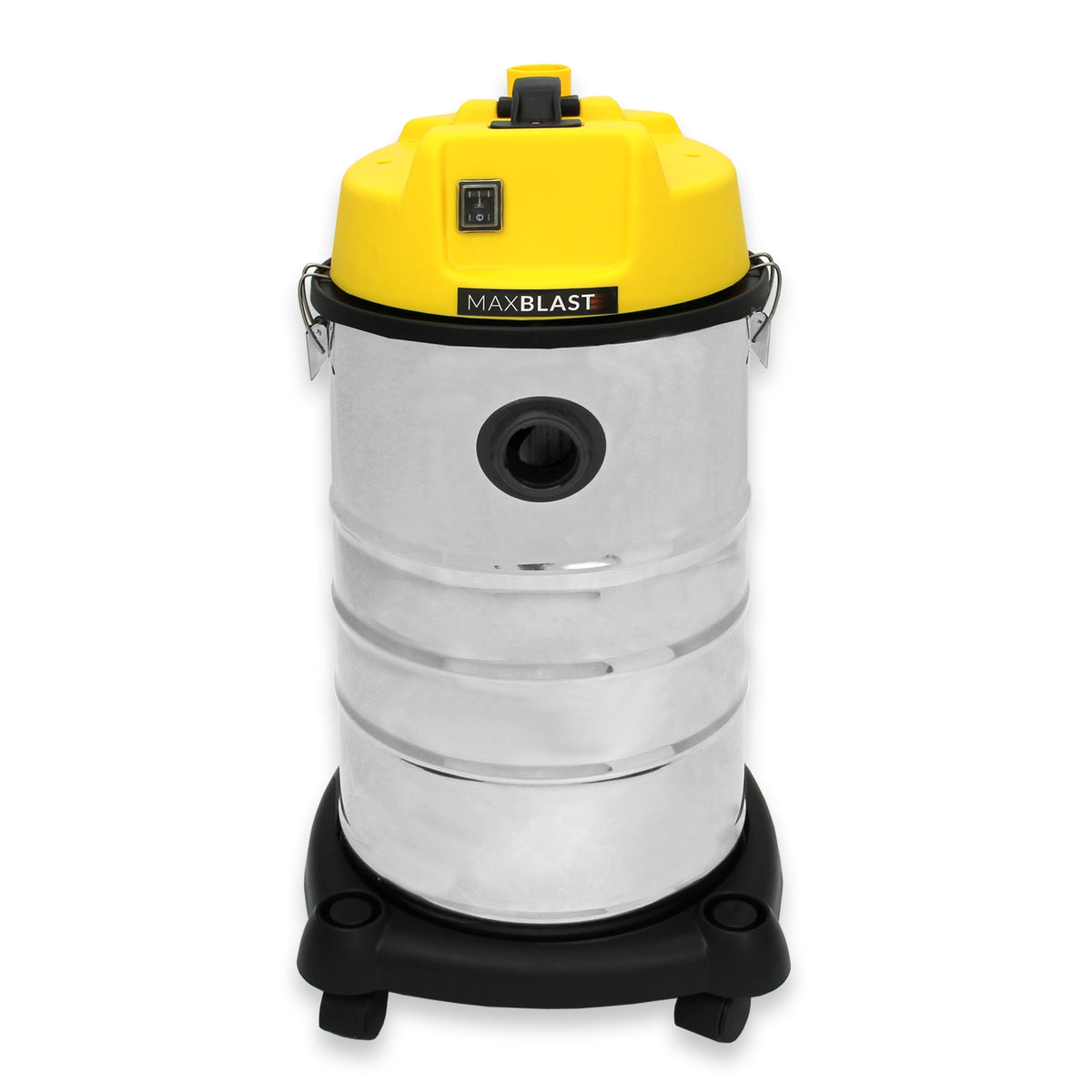 Robuster 30 Liter Industriesauger in glänzendem Edelstahl mit gelbem Deckel, ausgestattet mit einem 1400 Watt Motor und stabilen Rollen für einfache Mobilität