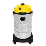 Robuster 30 Liter Industriesauger in glänzendem Edelstahl mit gelbem Deckel, ausgestattet mit einem 1400 Watt Motor und stabilen Rollen für einfache Mobilität