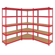 Eckregal in leuchtendem Rot mit stabilen Metallrahmen und braunen Holzregalen, ideal für die optimale Raumnutzung und Lagerung